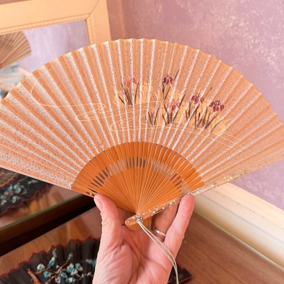 Set of Three Vintage Asian Inspired Decorative Folding Fans - Black Beige Cream main image 11